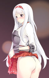 Rule 34 | 10s, 1girl, ass, blush, clothes lift, commentary request, embarrassed, fundoshi, hairband, japanese clothes, kantai collection, long hair, muneate, purple eyes, shoukaku (kancolle), skirt, skirt lift, solo, tears, tilm, white hair