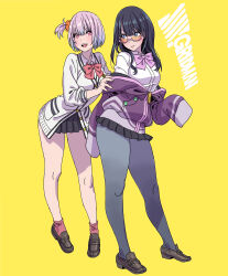 Rule 34 | 2girls, absurdres, alternate hairstyle, black hair, blue eyes, bow, bowtie, breasts, brown footwear, buttons, closed mouth, copyright name, cosplay, costume switch, fingernails, full body, gridman universe, hair ornament, hair scrunchie, highres, jacket, loafers, long hair, long sleeves, looking at viewer, looking over eyewear, looking to the side, medium breasts, multiple girls, off shoulder, open mouth, pantyhose, pleated skirt, ponytail, school uniform, scrunchie, shinjou akane, shinjou akane (cosplay), shoes, short hair, side ponytail, skirt, smile, socks, ssss.gridman, standing, takarada rikka, tinted eyewear, yamashita shun&#039;ya, yellow background