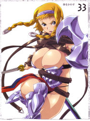Rule 34 | 1girl, absurdres, armor, artbook, blonde hair, blush, boots, braid, buckle, curvy, exiled warrior leina, hairband, highres, hisayuki hirokazu, jumping, leina (queen&#039;s blade), leina (queen's blade), looking at viewer, official art, queen&#039;s blade, queen&#039;s blade lost worlds, revealing clothes, scan, serious, shield, shiny skin, short hair with long locks, side braid, solo, spread legs, sweat, sword, thong, twin braids, weapon