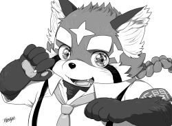 Rule 34 | 1boy, arm up, armband, braid, braided ponytail, commentary request, fangs, fingernails, greyscale, hand up, hijirino yuuta, huge eyebrows, long hair, male focus, monochrome, multicolored fur, necktie, open mouth, red panda boy, red panda ears, sharp fingernails, signature, simple background, single braid, smile, solo, suspenders, tokyo houkago summoners, upper body, white background, zhurong (housamo)