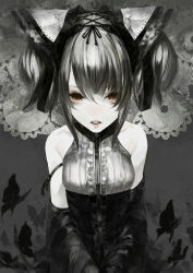 Rule 34 | 1girl, arm ribbon, bare shoulders, blush, bonnet, brown eyes, bug, butterfly, collarbone, detached sleeves, dress, frills, hair ribbon, hat, headdress, insect, kunimura hakushi, lips, looking at viewer, monochrome, open mouth, original, pale skin, ribbon, short hair, short twintails, silver hair, solo, spot color, twintails