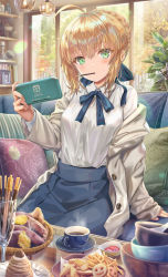 Rule 34 | 1girl, ahoge, artoria pendragon (all), artoria pendragon (fate), blonde hair, blouse, blue skirt, blush, braid, brand name imitation, breasts, candlestand, coffee table, collared shirt, commentary request, dress shirt, fate/stay night, fate (series), french braid, green eyes, handheld game console, highres, holding, holding handheld game console, jacket, long hair, long sleeves, looking at viewer, nintendo, nintendo switch, off-shoulder jacket, off shoulder, open clothes, open jacket, picture frame, plant, potato, saber (fate), saucer, shirt, skirt, small breasts, solo, table, torino aqua, white jacket, white shirt