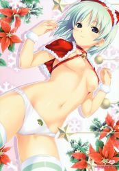 Rule 34 | 1girl, absurdres, areola slip, bell, blue eyes, breasts, christmas, christmas ornaments, covered erect nipples, flower, green hair, highres, holly, koutaro, lying, medium breasts, mistletoe, naked ribbon, navel, on back, original, panties, poinsettia, ribbon, short hair, skindentation, smile, solo, striped clothes, striped thighhighs, thighhighs, underwear, white panties, wristband