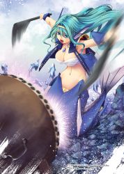 Rule 34 | 1girl, :d, aqua hair, armpits, blue eyes, blue sky, blue vest, breasts, budget sarashi, cleavage, cloud, cloudy sky, commentary request, copyright name, drum, fish, full body, groin, hair between eyes, hair intakes, hairband, highres, holding, holding stick, instrument, jewelry, kirishima satoshi, large breasts, long hair, looking away, mechanical ears, mechanical tail, mermaid, midriff, monster girl, motion blur, music, navel, ocean, official art, open clothes, open mouth, open vest, pendant, playing instrument, rock, sarashi, sidelocks, sky, smile, solo focus, stick, taiko drum, taiko sticks, tail, teeth, upper teeth only, vest, waves, wrist guards, yellow hairband, z/x