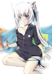 Rule 34 | 1girl, absurdres, animal ears, animal print, bad id, bad pixiv id, bare legs, barefoot, blue eyes, blue ribbon, blush, braid, breasts, cat ears, cat print, cup, disposable cup, drinking straw, fang, feet out of frame, french braid, hair ribbon, highres, holding, holding cup, hood, hood down, hooded jacket, jacket, leg ribbon, long hair, looking at viewer, medium breasts, miri (miri0xl), off shoulder, open mouth, original, pillow, ribbon, sitting, solo, thigh ribbon, twintails, very long hair, white hair, zipper