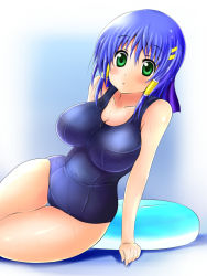 Rule 34 | 1girl, blue hair, blush, breasts, cleavage, female focus, gradient background, green eyes, hair ornament, hairclip, large breasts, miketto, one-piece swimsuit, original, school swimsuit, short hair, solo, swimsuit, thick thighs, thigh gap, thighs, wet