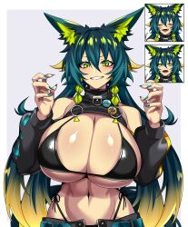 Rule 34 | 1girl, amagami shinia, animal ears, aqua hair, aqua nails, arms up, badge, baggy pants, bikini, bikini under clothes, blush, braid, breastless clothes, breasts, button badge, cleavage, commission, commissioner insert, contrapposto, detached sleeves, fang, fangs, green eyes, green hair, hand up, highres, huge breasts, hz (666v), indie virtual youtuber, micro bikini, multicolored hair, navel, open fly, open mouth, orange hair, pants, second-party source, side-tie bikini bottom, simple background, skeb commission, solo, swimsuit, tail, twin braids, unbuttoned, virtual youtuber, white background, wolf ears, wolf girl, wolf tail