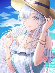 Rule 34 | 1girl, anastasia (fate), anastasia (swimsuit archer) (fate), anastasia (swimsuit archer) (first ascension) (fate), bad id, bad pixiv id, bare shoulders, blue dress, blue eyes, blue sky, blush, bracelet, breasts, collarbone, dress, earrings, fate/grand order, fate (series), hair over one eye, hairband, hat, jewelry, large breasts, long hair, looking at viewer, necklace, pendant, seki (sekixview), silver hair, sky, smile, solo, straw hat, very long hair