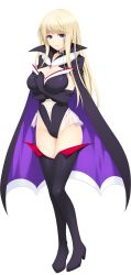 Rule 34 | 1girl, absurdres, black footwear, black gloves, black thighhighs, blonde hair, blue eyes, boots, breasts, cape, cleavage, cosplay, elbow gloves, full body, fur trim, game cg, gloves, highres, iizuki tasuku, large breasts, leotard, lips, long hair, looking at viewer, lovely x cation 2, smile, solo, thigh boots, thighhighs, thighs, transparent background, yoshinoya seine