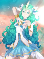 Rule 34 | 1girl, armor, blue hair, choker, dollachan, dress, gloves, green eyes, green hair, highres, jewelry, league of legends, multicolored hair, necklace, soraka (league of legends), soraka (league of legends), sparkle, star guardian (league of legends), wings
