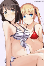 Rule 34 | 2girls, arms at sides, arms behind back, bad id, bad pixiv id, bare arms, bare shoulders, bikini, black ribbon, bow, breasts, brown eyes, brown hair, cleavage, closed mouth, collarbone, commentary request, from side, front-tie bikini top, front-tie top, hair ribbon, halterneck, katou megumi, leaning forward, long hair, looking at viewer, looking to the side, medium breasts, multiple girls, navel, pink background, red bikini, ribbon, saenai heroine no sodatekata, sawamura spencer eriri, short hair, sidelocks, simple background, sitting, small breasts, smile, stomach, string bikini, striped bikini, striped bow, striped clothes, swimsuit, tareme, tasora, thighs, twintails, twitter username