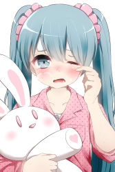Rule 34 | 1girl, alternate costume, aqua eyes, aqua hair, blush, breath, fuu (07199382), hatsune miku, highres, long hair, looking at viewer, open mouth, pajamas, simple background, solo, stuffed animal, stuffed rabbit, stuffed toy, tears, twintails, vocaloid, white background, wince