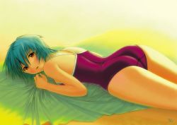 Rule 34 | 1girl, :o, ass, ayanami rei, back, blue hair, blush, breasts, embarrassed, female focus, highres, kobayashi yuji, looking at viewer, looking back, lying, neon genesis evangelion, on stomach, one-piece swimsuit, open mouth, red eyes, school swimsuit, short hair, sideboob, signature, small breasts, solo, strap gap, swimsuit, towel