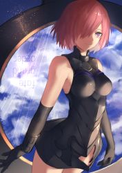 Rule 34 | 1girl, armor, armored dress, bare shoulders, black dress, black gloves, breasts, cloud, dress, elbow gloves, expressionless, fate/grand order, fate (series), gloves, hair over one eye, highres, hojiro (piko519), mash kyrielight, medium breasts, purple eyes, purple hair, short hair, sky, sleeveless, sleeveless dress, solo, standing