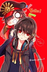 Rule 34 | 1boy, family crest, fate/grand order, fate (series), glasses, hat, headphones, headphones around neck, highres, hood, hoodie, military hat, oda nobukatsu (fate), oda uri, peaked cap, red background, red eyes, simple background, solo, speech bubble, trap, yui (tamagohan)