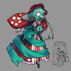 Rule 34 | 1girl, absurdres, alternate costume, black nails, english text, front ponytail, full body, green ribbon, grey background, hair over one eye, hair ribbon, highres, japanese clothes, kagiyama hina, kaibootsu, kimono, red kimono, red ribbon, ribbon, smile, solo, touhou, wide sleeves
