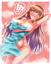 Rule 34 | !?, 1girl, ^^^, arm up, armpits, blush, border, breasts, brown hair, clarisse (granblue fantasy), closed mouth, completely nude, covering breasts, covering privates, embarrassed, granblue fantasy, groin, hair down, highres, large breasts, long hair, looking at viewer, nose blush, nude, nude cover, outline, outside border, pink background, solo, steam, stir255, towel, very long hair, wavy mouth, wet, wet hair