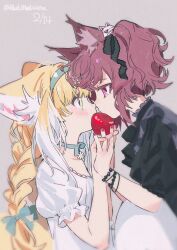 Rule 34 | 2girls, animal ears, apple, arknights, artist name, black dress, blonde hair, blue collar, blue hairband, bracelet, braid, collar, dated, dress, eye contact, face-to-face, food, fox ears, fox girl, from side, fruit, green eyes, hairband, highres, holding, holding food, holding fruit, holding hands, interlocked fingers, jewelry, long hair, looking at another, multiple girls, profile, puffy short sleeves, puffy sleeves, purple eyes, purple hair, red medicine, shamare (arknights), short sleeves, suzuran (arknights), upper body, white dress, yuri