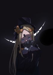 Rule 34 | 1girl, abigail williams (fate), black bow, black dress, black hat, blonde hair, blue eyes, bow, card, commentary request, covered mouth, dress, fate/grand order, fate (series), hair bow, hands up, hat, head tilt, highres, holding, holding card, keyhole, kuronoiparoma, long hair, long sleeves, orange bow, parted bangs, sharp teeth, sleeves past fingers, sleeves past wrists, solo, teeth, very long hair