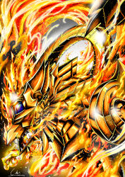 breath_weapon breathing_fire claws dragon duel_monster fire gamjagom highres monster monster_focus no_humans open_mouth pyrokinesis red_eyes sharp_teeth signature solid_eyes solo teeth the_winged_dragon_of_ra traditional_media wings yu-gi-oh!