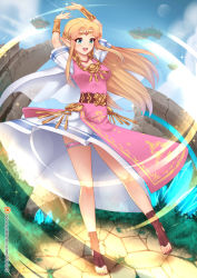 Rule 34 | 1girl, :d, aqua eyes, arms up, artist name, blonde hair, bracelet, breasts, circlet, cleavage, clothes lift, collarbone, dress, dress lift, elf, floating island, full body, highres, jewelry, long hair, necklace, nintendo, open mouth, pointy ears, princess zelda, sandals, short sleeves, smile, solo, standing, standing on one leg, super smash bros., the legend of zelda, toeless legwear, toes, triforce, virus-g, watermark, web address