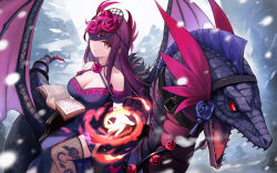Rule 34 | 1girl, bare shoulders, book, breasts, cleavage, commentary request, dragon, dress, feet out of frame, female focus, fire, fire emblem, fire emblem engage, fishnet thighhighs, fishnets, highres, holding, holding book, ivy (fire emblem), large breasts, long hair, looking at viewer, matching hair/eyes, nintendo, purple dress, purple eyes, purple hair, sitting, solo, thighhighs, tuna picture, very long hair, wyvern