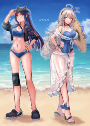 Rule 34 | 2girls, ahoge, animal ears, artist name, beach, bikini, black jacket, blue bikini, blue hair, blue one-piece swimsuit, breasts, casual one-piece swimsuit, cat ears, commentary request, full body, grey eyes, hat, unworn hat, headgear, unworn headwear, highres, horizon, jacket, kantai collection, knee pads, large breasts, long hair, looking at viewer, multicolored hair, multiple girls, ocean, one-piece swimsuit, open clothes, open jacket, outdoors, parted lips, ponytail, red hair, sandals, sarong, single knee pad, smile, south dakota (kancolle), sports bikini, straw hat, sun hat, swimsuit, visor cap, washington (kancolle), white hair, wss (nicoseiga19993411)