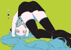Rule 34 | 1girl, armpits, black skirt, black thighhighs, blue hair, closed mouth, eiku, green background, hatsune miku, highres, looking at viewer, no shoes, red eyes, skirt, solo, thighhighs, top-down bottom-up, twintails, vocaloid, zettai ryouiki