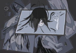 Rule 34 | 1girl, @ @, absurdly long hair, aka ume, ass, barefoot, black hair, colored skin, commentary request, dress, fox shadow puppet, green eyes, grey background, grey skin, hair over one eye, hand up, highres, long bangs, long hair, messy hair, monitor, multiple views, open mouth, sideways glance, the ring, through medium, through screen, tongue, tongue out, very long hair, videocassette, well, white dress, wide-eyed, yamamura sadako
