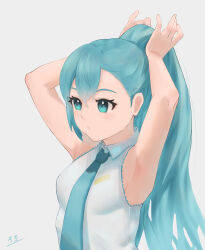 Rule 34 | 1girl, :/, absurdres, aqua eyes, aqua hair, aqua necktie, armpits, arms up, asymmetrical bangs, bare arms, bare shoulders, breasts, closed mouth, collared shirt, expressionless, eyelashes, from side, grey background, hair between eyes, hand in own hair, hatsune miku, highres, lhoting, long hair, looking ahead, medium breasts, necktie, ponytail, shirt, simple background, sleeveless, sleeveless shirt, solo, tying hair, upper body, vocaloid, white shirt
