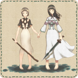 Rule 34 | 2girls, barefoot, black hair, creator connection, crossover, dirty, dirty feet, dress, highres, holding hands, ico, long hair, mono (shadow of the colossus), multiple girls, pikonigiri, shadow of the colossus, short hair, silver hair, stick, sword, time paradox, weapon, white dress, yorda