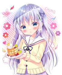 Rule 34 | 1girl, :o, bitter crown, blue eyes, blue hair, brown sweater, character name, commentary request, diagonal stripes, floral background, flower, food, gochuumon wa usagi desu ka?, hair ornament, highres, holding, holding plate, kafuu chino, long hair, pancake, pancake stack, parted lips, petals, pink flower, plate, pleated skirt, sailor collar, school uniform, serafuku, skirt, solo, striped, striped background, sweater, two side up, very long hair, white sailor collar, white skirt, x hair ornament