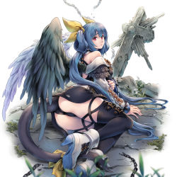 Rule 34 | 1girl, arm support, ass, bare shoulders, blue hair, cameltoe, chain, cross, detached collar, dizzy (guilty gear), guilty gear, high heels, highres, long hair, looking at viewer, lying, on side, red eyes, ribbon, tail, tail ornament, tail ribbon, thigh strap, thighhighs, tombstone, toshi, wings