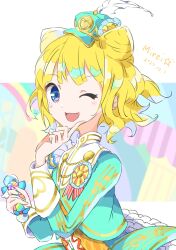 Rule 34 | 1girl, ;d, aiguillette, blonde hair, blue eyes, blue hat, blue jacket, blunt bangs, character name, cone hair bun, double bun, finger to cheek, gold trim, hair bun, hand up, hat, highres, idol clothes, jacket, long sleeves, looking at viewer, minami mirei, mini hat, one eye closed, open mouth, pretty series, pripara, short hair, smile, solo, third-party source, tulaca (pixiv), upper body