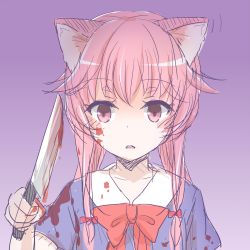 Rule 34 | 1girl, animal ears, blood, blood on face, bloody clothing, bloody weapon, bow, cat ears, gasai yuno, hair bow, highres, knife, long hair, looking at viewer, mirai nikki, open mouth, pink eyes, pink hair, red bow, red neckwear, sailor collar, school uniform, short sleeves, simple background, solo, solo focus, weapon, white sailor collar