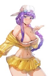 Rule 34 | 1girl, backwards hat, baseball cap, bb (fate), bb (fate) (all), bb (swimsuit mooncancer) (fate), bb (swimsuit mooncancer) (first ascension) (fate), between breasts, blush, bow (bhp), braid, breasts, cleavage, condom, condom wrapper, fate/grand order, fate (series), front-tie top, hat, hat ornament, jacket, large breasts, long hair, looking at viewer, miniskirt, navel, off shoulder, purple eyes, purple hair, single braid, skindentation, skirt, solo, star (symbol), star hat ornament, stomach, sweatdrop, underboob, white background, yellow jacket, yellow skirt