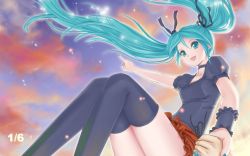 Rule 34 | 1/6 -out of the gravity- (vocaloid), 1girl, :d, aqua eyes, aqua hair, black thighhighs, choker, crazypen, floating hair, hair ribbon, hatsune miku, holding hands, long hair, open mouth, pointing, puffy sleeves, ribbon, smile, solo, solo focus, sunset, thighhighs, twintails, vocaloid, wallpaper, wrist cuffs