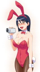 Rule 34 | 1girl, = =, animal ears, bare shoulders, black hair, blood, blood on breasts, blush, bow, bowtie, breasts, camcorder, cleavage, cowboy shot, detached collar, fake animal ears, female focus, female pervert, goriate, hair between eyes, hairband, highres, holding, large breasts, leotard, maria holic, miyamae kanako, nosebleed, open mouth, pantyhose, pervert, pink bow, pink bowtie, playboy bunny, rabbit ears, rabbit tail, short hair, solo, standing, tail, video camera, wrist cuffs