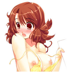 Rule 34 | 1girl, bikini, blush, breasts, brown hair, idol revolution, inverted nipples, large breasts, moric, nipples, open mouth, red eyes, solo, swimsuit, untied, wardrobe malfunction