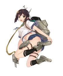 Rule 34 | 1girl, :o, anchor symbol, ankle boots, black socks, blue skirt, blush, boots, brown hair, convenient censoring, convenient leg, from behind, fubuki (kancolle), full body, green eyes, grey footwear, holding, holding weapon, kantai collection, kneehighs, long hair, looking at viewer, looking back, low ponytail, machinery, midair, miniskirt, open mouth, oweee, pleated skirt, round teeth, school uniform, serafuku, shirt, short sleeves, simple background, skirt, socks, solo, tareme, teeth, thigh strap, weapon, white background, white shirt
