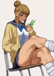 Rule 34 | 1girl, absurdres, ass, black sailor collar, black skirt, blue neckerchief, breasts, brown eyes, brown hair, cardigan, cellphone, crossed legs, drill hair, drill sidelocks, gyaru, hair bun, hand in pocket, highres, holding, holding phone, jujutsu kaisen, lipstick, long sleeves, looking at phone, makeup, medium breasts, microskirt, mouth hold, nanako (jujutsu kaisen), neckerchief, open cardigan, open clothes, phone, pink nails, pleated skirt, ribbed socks, sailor collar, sidelocks, simple background, sitting, skindentation, skirt, sleeves past wrists, smartphone, socks, solo, thighs, toin (iitoin), twin drills, white background, white socks, yellow cardigan