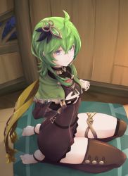 Rule 34 | 1girl, absurdres, ahoge, barefoot, black dress, breasts, bridal gauntlets, brown thighhighs, capelet, chonn, collei (genshin impact), crossed bangs, dress, feet, full body, genshin impact, green capelet, green hair, hair ornament, highres, indoors, jewelry, long sleeves, looking at viewer, medium hair, neck ring, parted lips, purple eyes, raised eyebrows, seiza, sitting, small breasts, solo, stirrup legwear, thick thighs, thighhighs, thighlet, thighs, toeless legwear, toes
