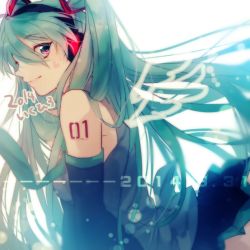Rule 34 | 1girl, bad id, bad pixiv id, black eyes, dated, detached sleeves, green hair, hatsune miku, ikuhiro (19nnnkti16), long hair, necktie, smile, solo, twintails, vocaloid