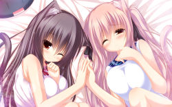Rule 34 | 2girls, animal ears, black hair, blush, breasts, cat ears, cat tail, clenched hand, holding hands, highres, large breasts, long hair, lying, medium breasts, mia flatpaddy, multiple girls, on back, one eye closed, orange eyes, original, pink hair, shia flatpaddy, smile, syroh, tail, wink