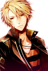 Rule 34 | 1boy, amnesia (idea factory), blonde hair, feathers, jacket, jewelry, male focus, necklace, ouka mai, shirt, solo, striped clothes, striped shirt, toma (amnesia), white background, yellow eyes