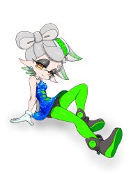 Rule 34 | 1girl, ankle boots, bare shoulders, black footwear, blue dress, boots, bow-shaped hair, breasts, cleavage, closed mouth, cross-shaped pupils, detached collar, dress, earrings, eyelashes, full body, gloves, gradient hair, green hair, green pantyhose, grey hair, highres, inkling, jewelry, koharu2.5, marie (splatoon), medium breasts, mole, mole under eye, multicolored hair, nintendo, object on head, pantyhose, pointy ears, red pupils, short dress, short eyebrows, short hair, simple background, sitting, smile, solo, splatoon (series), splatoon 1, strapless, strapless dress, symbol-shaped pupils, tentacle hair, two-tone hair, white background, white gloves, yellow eyes