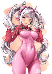 Rule 34 | 1girl, alice (nikke), animal ear headwear, blush, bodysuit, breasts, cameltoe, cleft of venus, commentary request, covered navel, cowboy shot, fake animal ears, gloves, goddess of victory: nikke, grey hair, headphones, highres, kamiya tomoe, long hair, looking at viewer, open mouth, pink eyes, red eyes, simple background, skin tight, smile, solo, twintails
