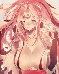Rule 34 | 1girl, amputee, baiken, bare shoulders, blush, breasts, cleavage, facial tattoo, guilty gear, guilty gear xrd, japanese clothes, kimono, large breasts, long hair, looking at viewer, one eye closed, open clothes, oro (sumakaita), pink hair, ponytail, red eyes, smile, solo, tattoo, undressing, upper body