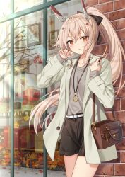 Rule 34 | 1girl, autumn leaves, ayanami (azur lane), azur lane, bag, belt, black bow, blonde hair, blush, bow, breasts, brick wall, carrying bag, casual, coat, commentary request, contemporary, green coat, grey shirt, hair bow, handbag, headgear, highres, jewelry, long hair, looking at viewer, necklace, outdoors, parted lips, ponytail, red eyes, shirt, shorts, small breasts, solo, storefront, sugisaki yuu, tree, very long hair, window
