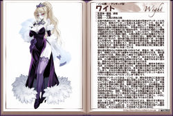 Rule 34 | 1girl, blonde hair, breasts, bridal gauntlets, character profile, cleavage, description, dress, ectoplasm, elbow gloves, flower, fur, gloves, high heels, jewelry, kenkou cross, large breasts, long hair, looking at viewer, monster girl, monster girl encyclopedia, necklace, official art, pale skin, ponytail, red eyes, rose, side slit, sidelocks, silver hair, smile, solo, strapless, strapless dress, thighhighs, translation request, undead, very long hair, wight (monster girl encyclopedia)
